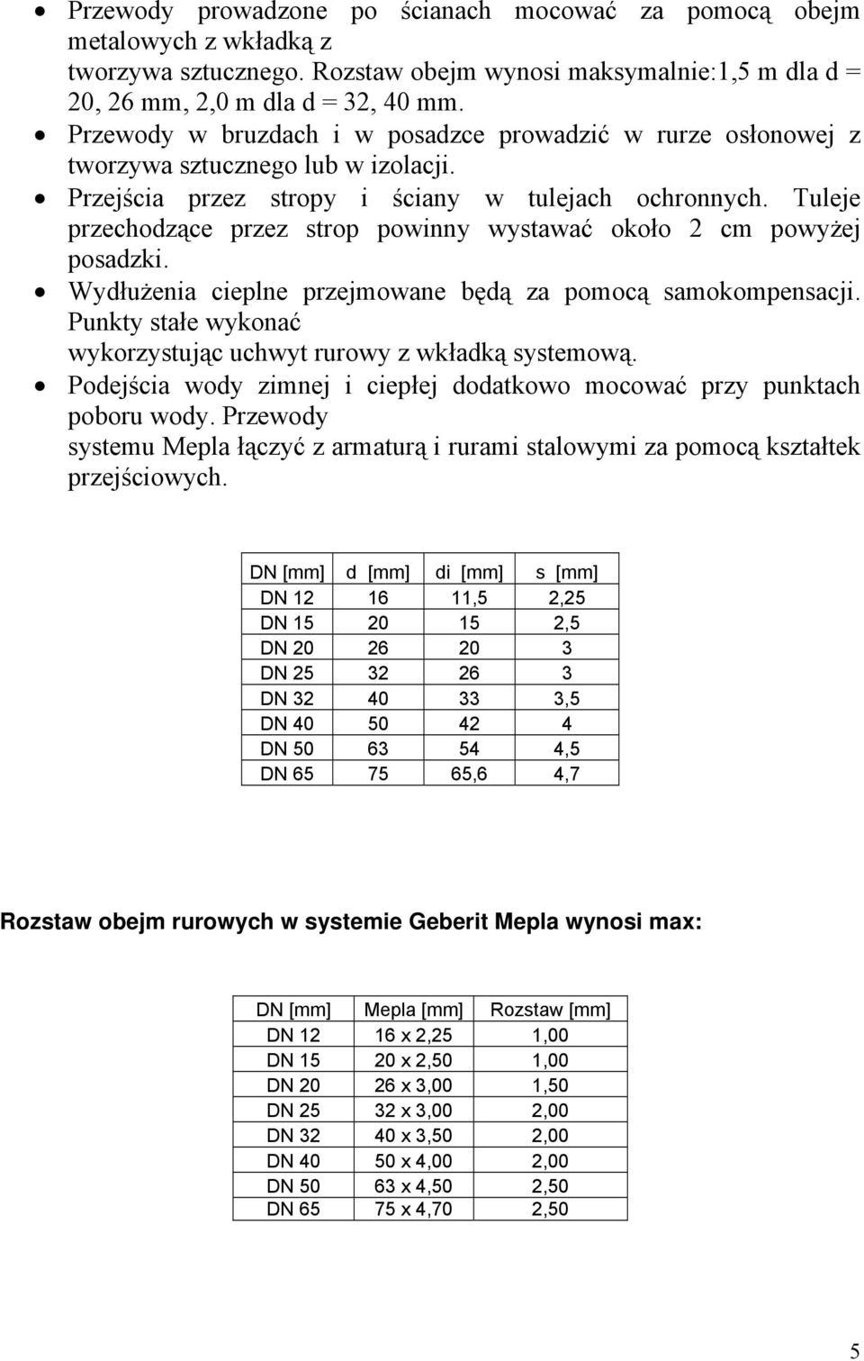 Tuleje przechodzące przez strop powinny wystawać około 2 cm powyżej posadzki. Wydłużenia cieplne przejmowane będą za pomocą samokompensacji.