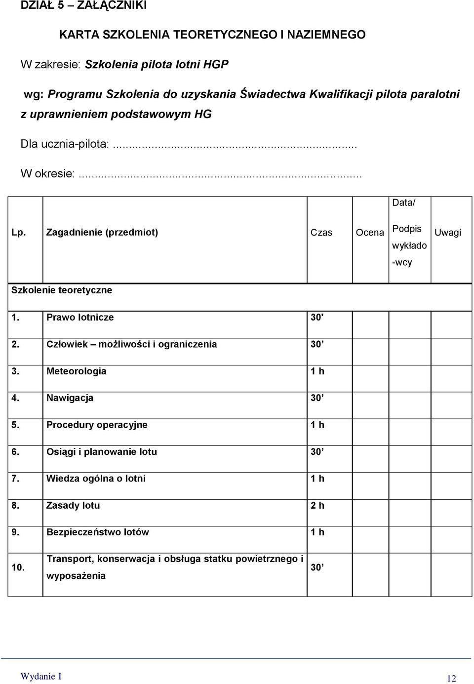 Zagadnienie (przedmiot) Czas Ocena Podpis wykłado -wcy Uwagi Szkolenie teoretyczne 1. Prawo lotnicze 30' 2. Człowiek możliwości i ograniczenia 30 3.