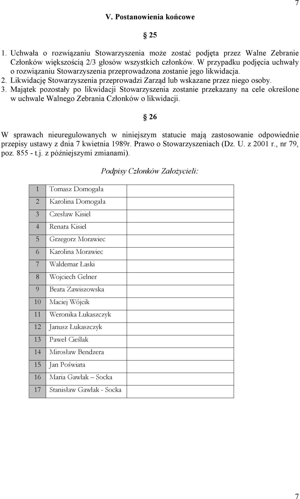 Majątek pozostały po likwidacji Stowarzyszenia zostanie przekazany na cele określone w uchwale Walnego Zebrania Członków o likwidacji.