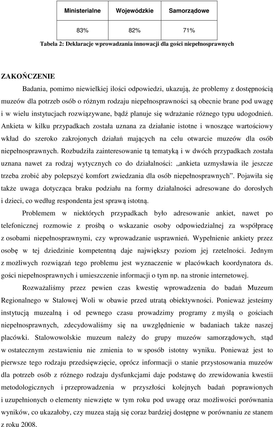 Ankieta w kilku przypadkach została uznana za działa istotne i wnoszące wartościowy wkład do szeroko zakrojonych działań mających na celu otwarcie muzeów dla osób pełnosprawnych.