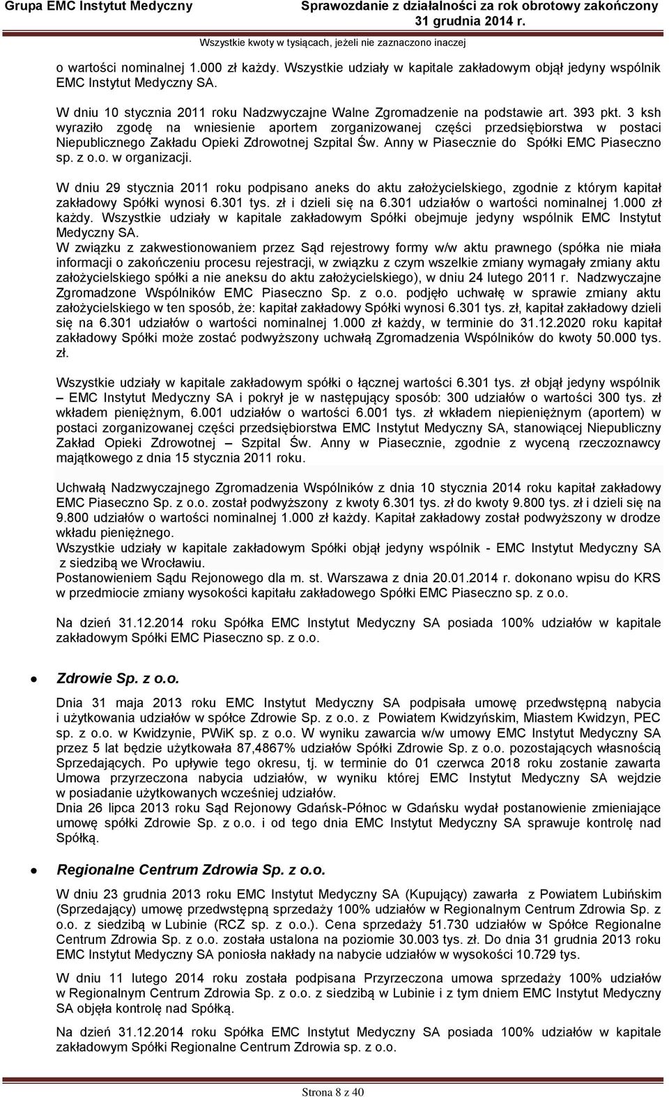 3 ksh wyraziło zgodę na wniesienie aportem zorganizowanej części przedsiębiorstwa w postaci Niepublicznego Zakładu Opieki Zdrowotnej Szpital Św. Anny w Piasecznie do Spółki EMC Piaseczno sp. z o.o. w organizacji.