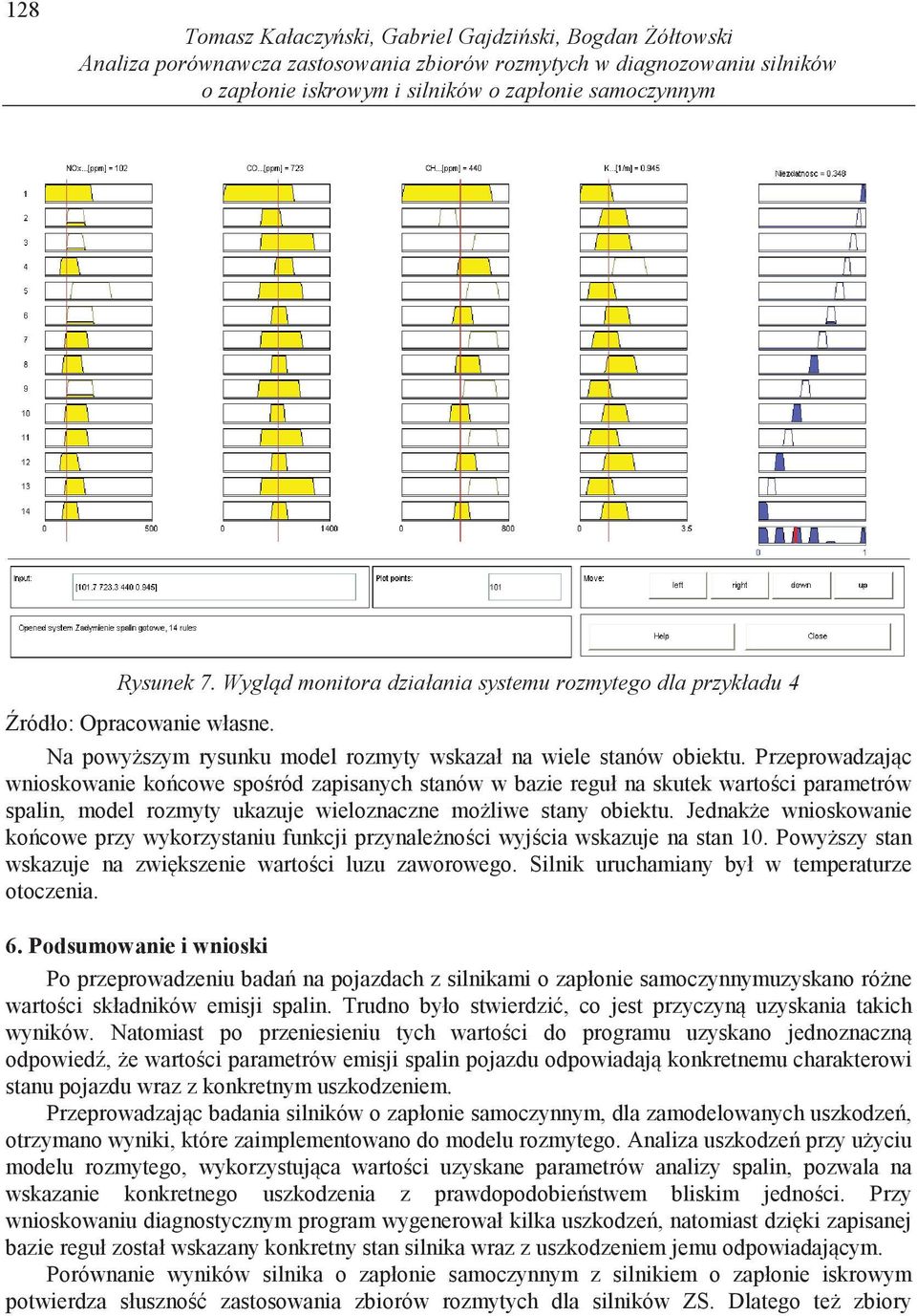 Przeprowadzajc wnioskowanie kocowe sporód zapisanych stanów w bazie reguł na skutek wartoci parametrów spalin, model rozmyty ukazuje wieloznaczne moliwe stany obiektu.