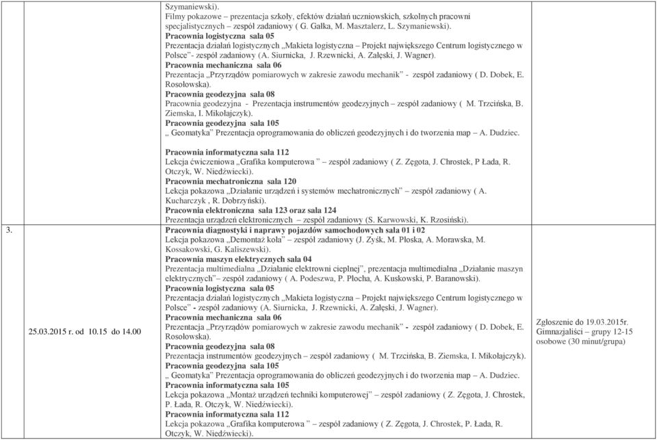 00 Lekcja ćwiczeniowa Grafika komputerowa zespół zadaniowy ( Z. Zęgota, J. Chrostek, P Łada, R. Otczyk, W. Niedźwiecki). Kucharczyk, R. Dobrzyński). Lekcja pokazowa Demontaż koła zespół zadaniowy (J.