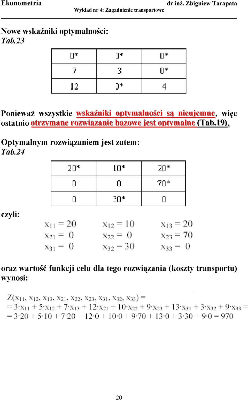 ostatnio otrzymane rozwiązanie bazowe jest optymalne (Tab.19).