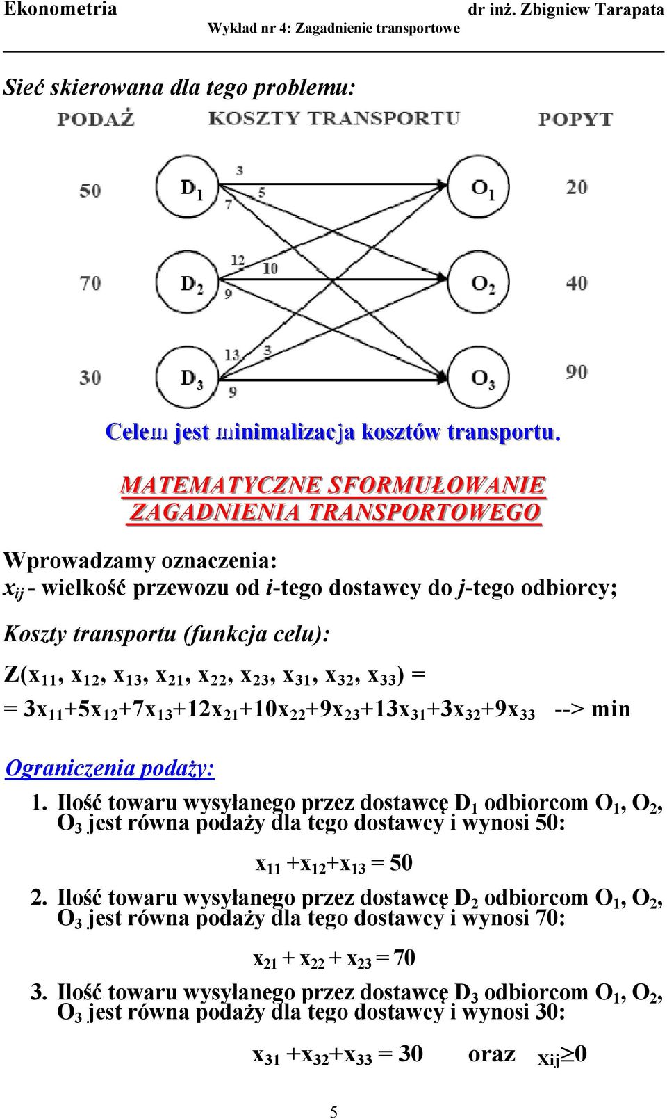 21, x 22, x 23, x 31, x 32, x 33 ) = = 3x 11 +5x 12 +7x 13 +12x 21 +10x 22 +9x 23 +13x 31 +3x 32 +9x 33 --> min Ograniczenia podaży: 1.