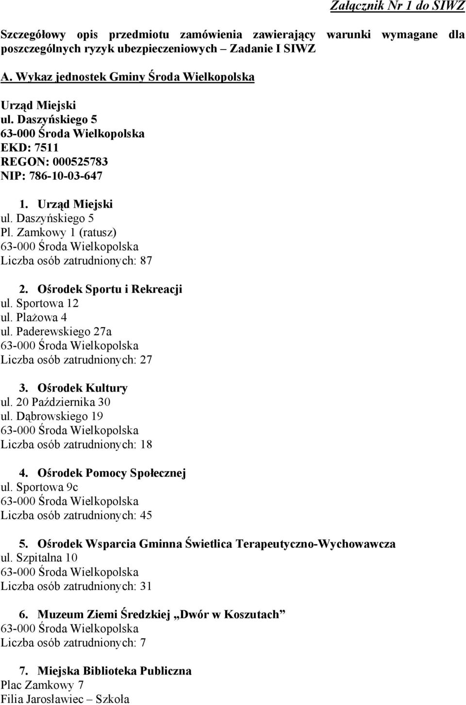 Zamkowy 1 (ratusz) Liczba osób zatrudnionych: 87 2. Ośrodek Sportu i Rekreacji ul. Sportowa 12 ul. Plażowa 4 ul. Paderewskiego 27a Liczba osób zatrudnionych: 27 3. Ośrodek Kultury ul.