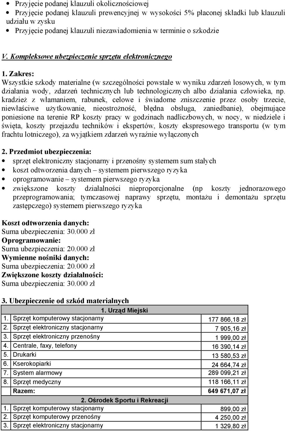 Zakres: Wszystkie szkody materialne (w szczególności powstałe w wyniku zdarzeń losowych, w tym działania wody, zdarzeń technicznych lub technologicznych albo działania człowieka, np.