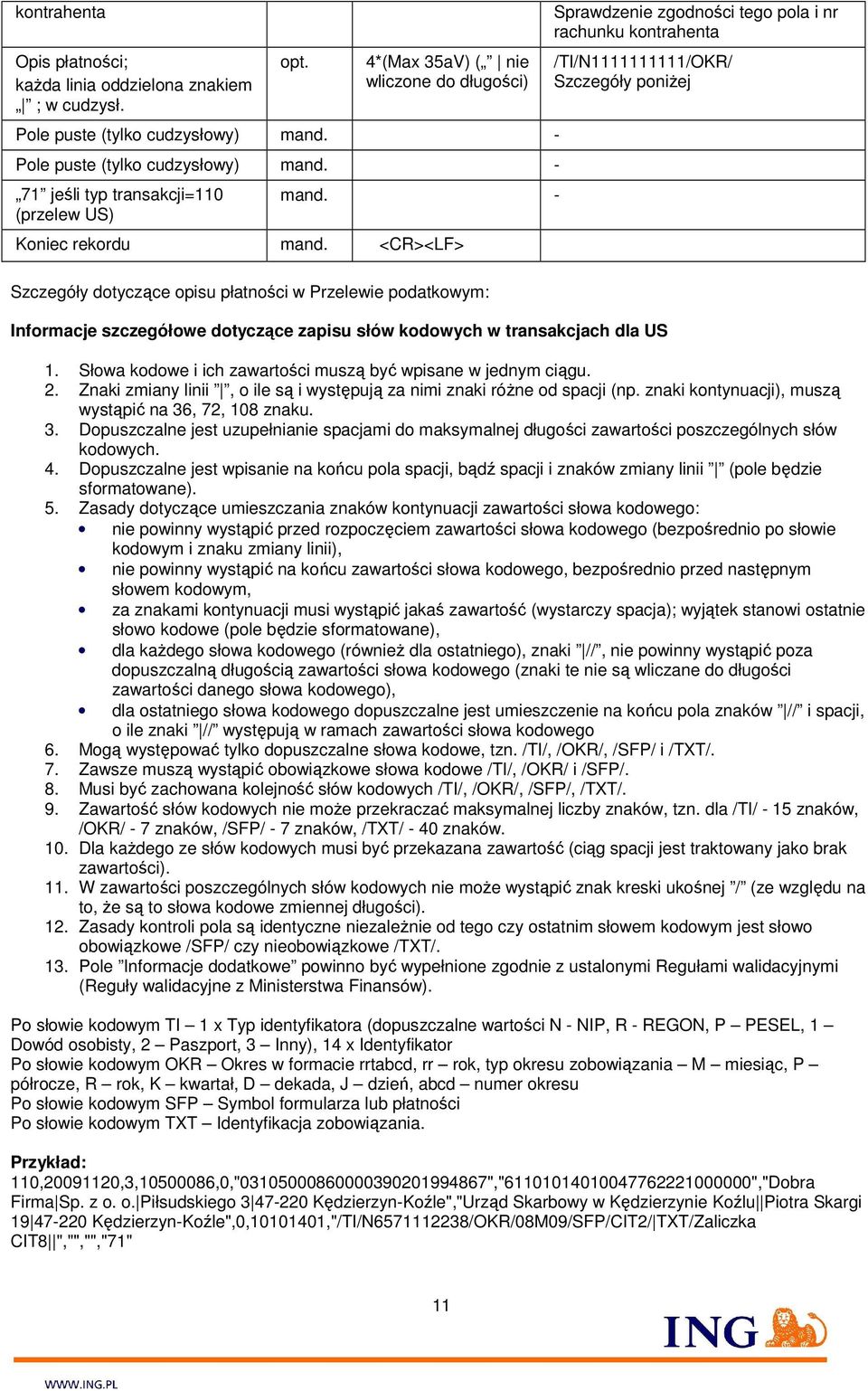 <CR><LF> Szczegóły dotyczące opisu płatności w Przelewie podatkowym: Sprawdzenie zgodności tego pola i nr rachunku kontrahenta /TI/N1111111111/OKR/ Szczegóły poniŝej Informacje szczegółowe dotyczące