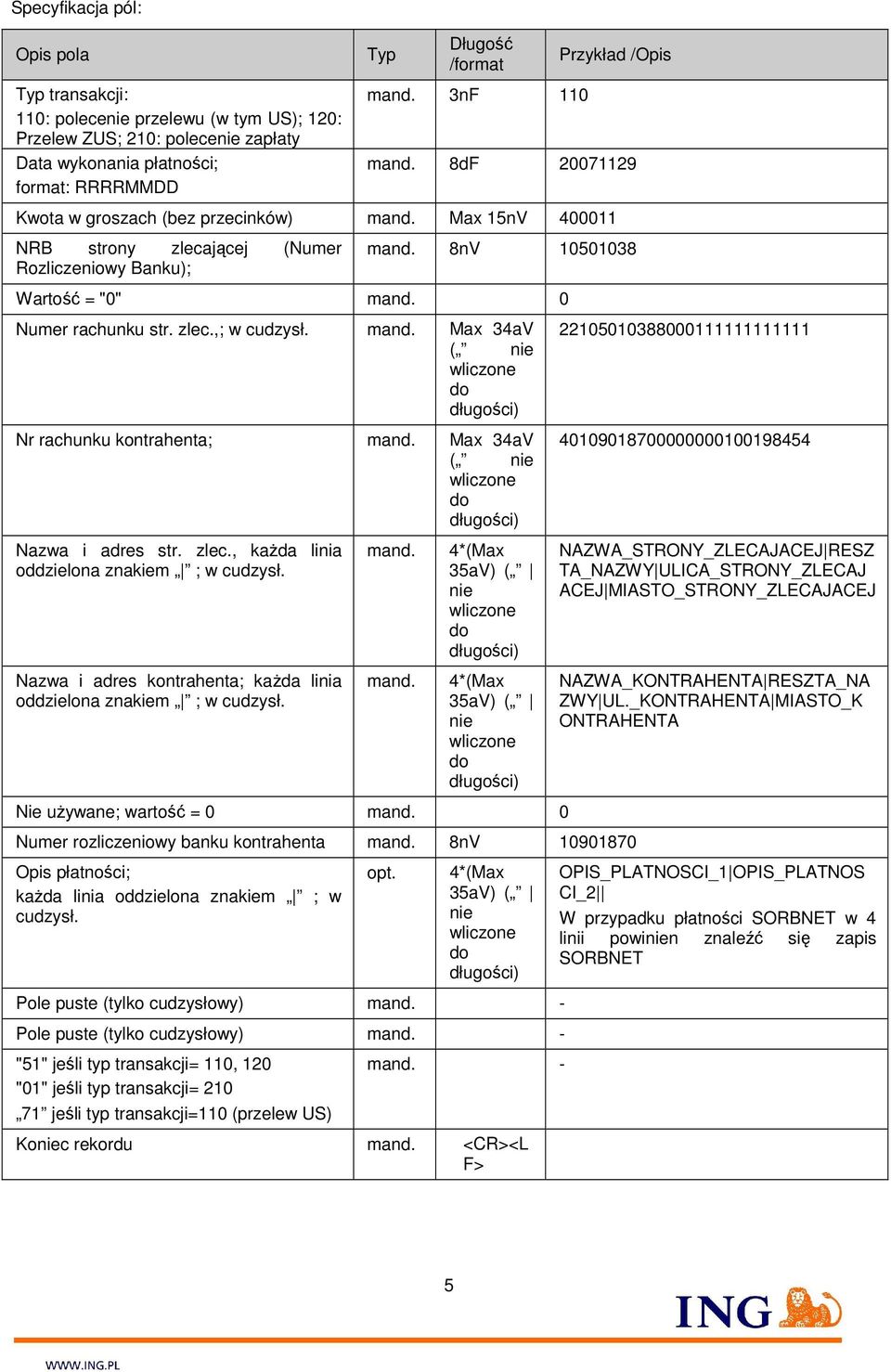 zlec.,; w cudzysł. mand. Max 34aV ( nie wliczone do długości) Nr rachunku kontrahenta; mand.