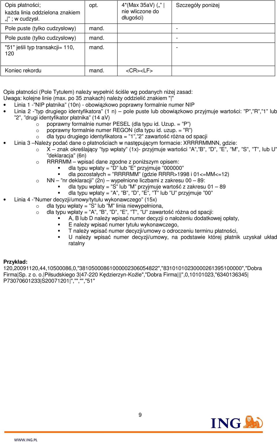 po 35 znakach) naleŝy oddzielić znakiem " " Linia 1 - NIP płatnika (10n) - obowiązkowo poprawny formalnie numer NIP Linia 2 - typ drugiego identyfikatora (1 n) pole puste lub obowiązkowo przyjmuje