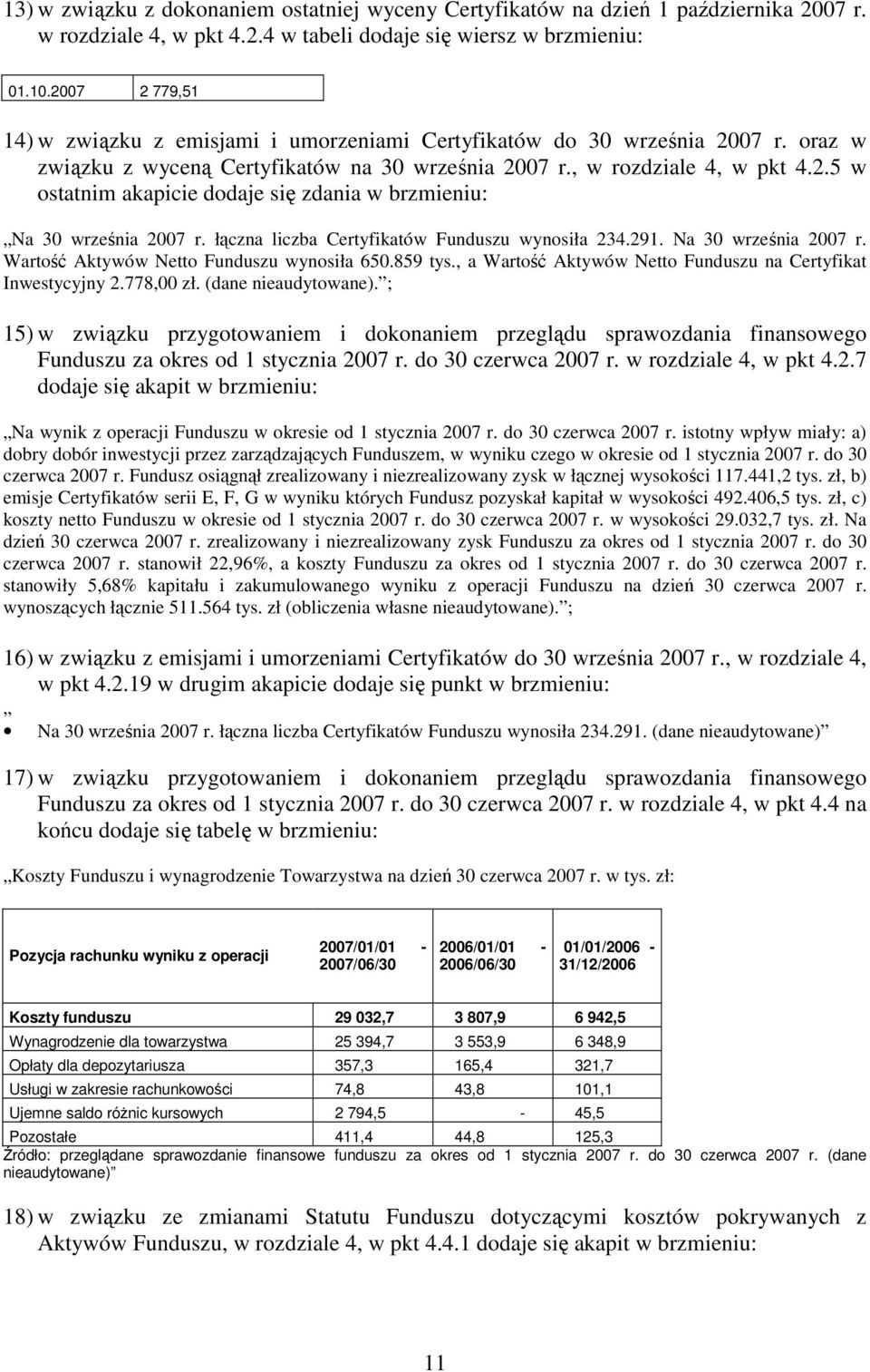 łączna liczba Certyfikatów Funduszu wynosiła 234.291. Na 30 września 2007 r. Wartość Aktywów Netto Funduszu wynosiła 650.859 tys., a Wartość Aktywów Netto Funduszu na Certyfikat Inwestycyjny 2.