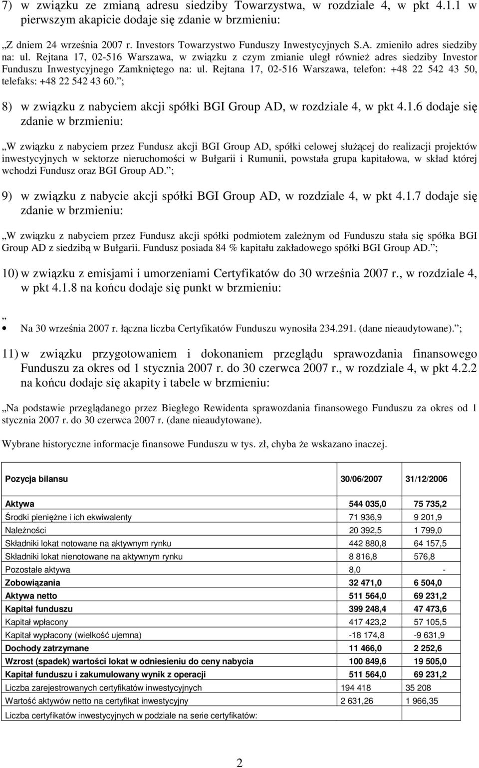 Rejtana 17, 02-516 Warszawa, w związku z czym zmianie uległ również adres siedziby Investor Funduszu Inwestycyjnego Zamkniętego na: ul.