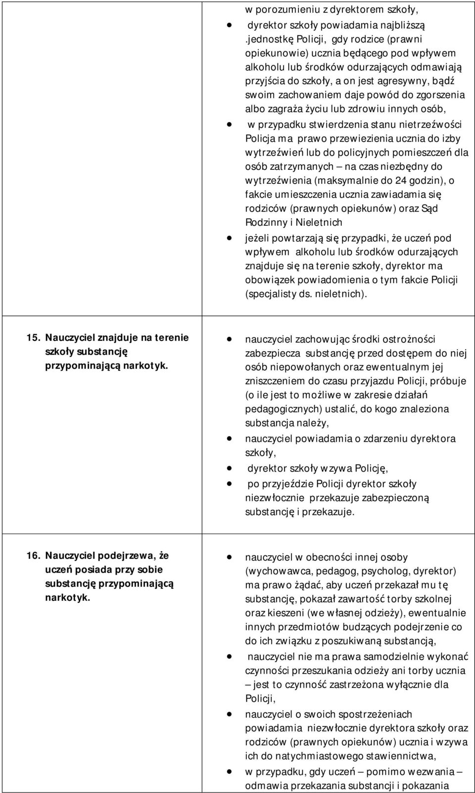 do zgorszenia albo zagraża życiu lub zdrowiu innych osób, w przypadku stwierdzenia stanu nietrzeźwości Policja ma prawo przewiezienia ucznia do izby wytrzeźwień lub do policyjnych pomieszczeń dla