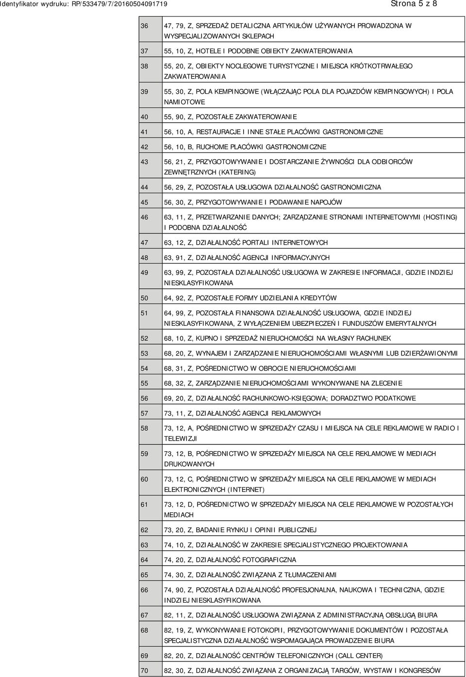 PLACÓWKI GASTRONOMICZNE 42 56, 10, B, RUCHOME PLACÓWKI GASTRONOMICZNE 43 56, 21, Z, PRZYGOTOWYWANIE I DOSTARCZANIE ŻYWNOŚCI DLA ODBIORCÓW ZEWNĘTRZNYCH (KATERING) 44 56, 29, Z, POZOSTAŁA USŁUGOWA