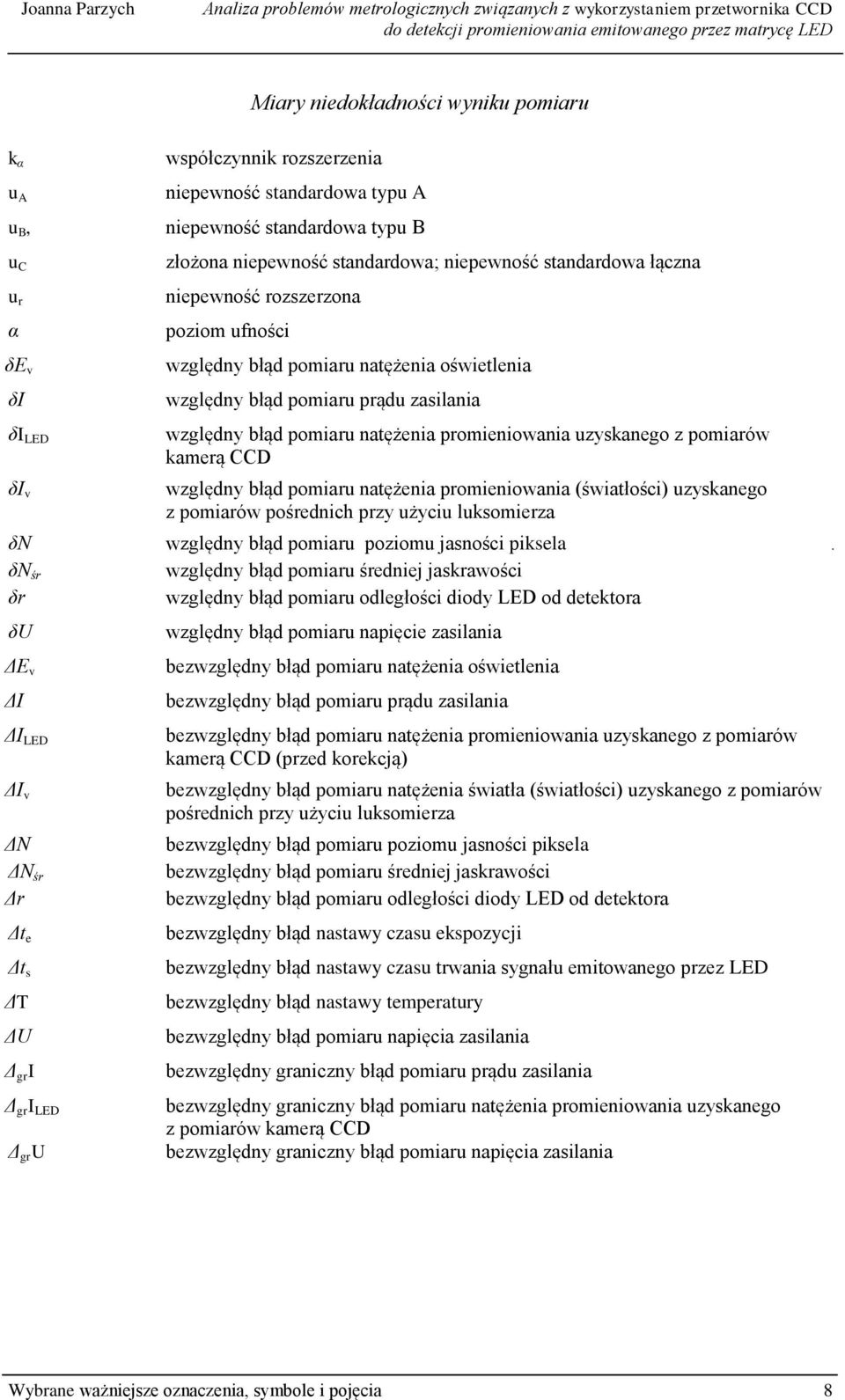 oświetlenia względny błąd pomiaru prądu zasilania względny błąd pomiaru natężenia promieniowania uzyskanego z pomiarów kamerą CCD względny błąd pomiaru natężenia promieniowania (światłości)