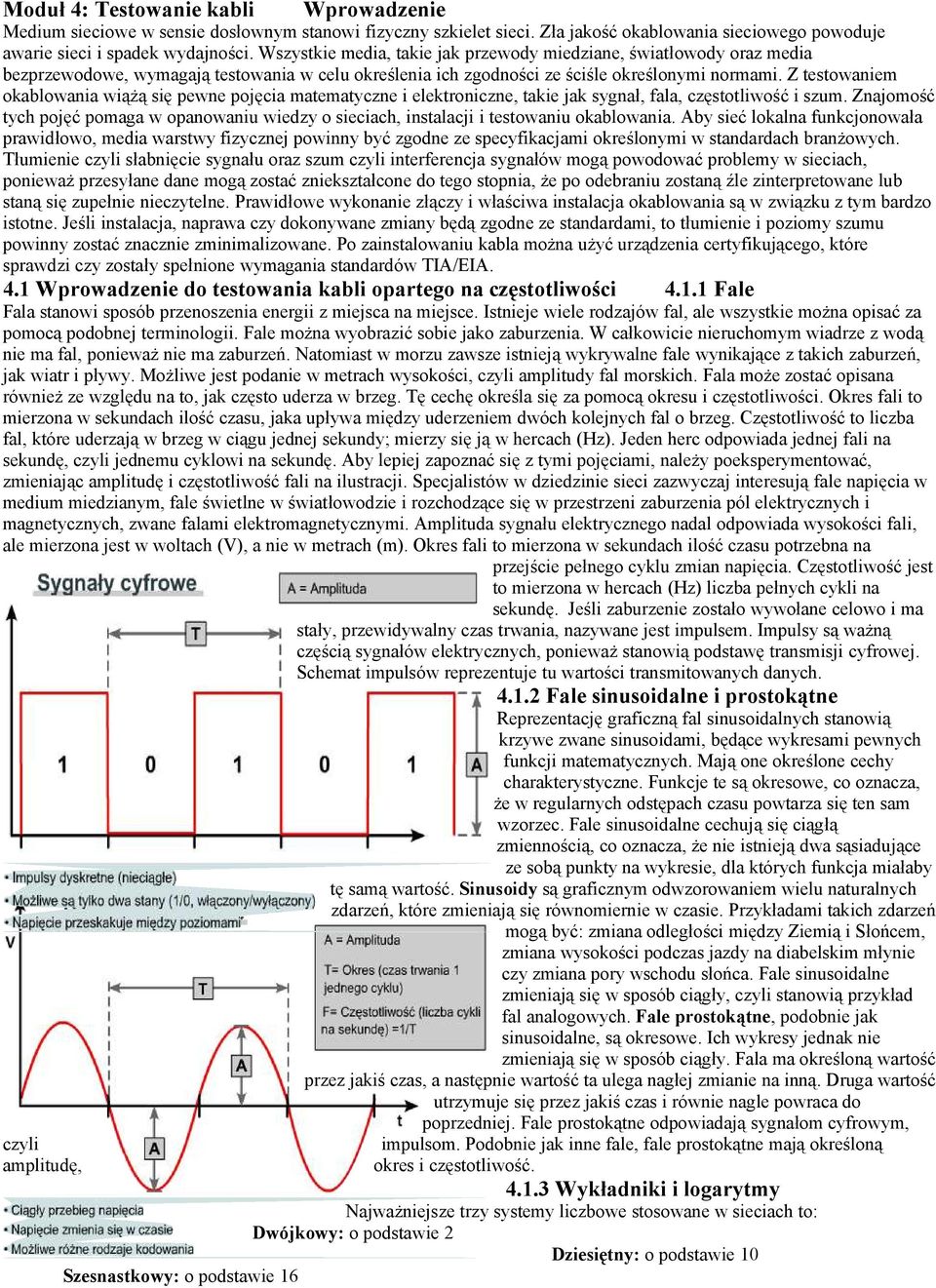 Z testowaniem okablowania wiążą się pewne pojęcia matematyczne i elektroniczne, takie jak sygnał, fala, częstotliwość i szum.