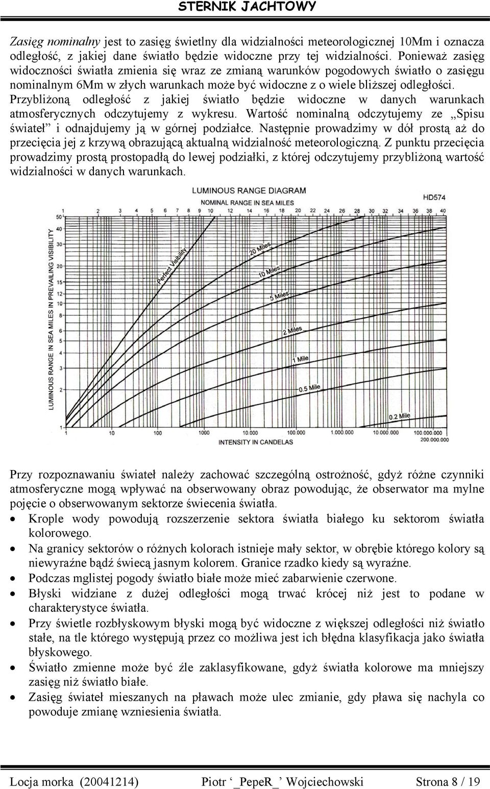 Przybliżoną odległość z jakiej światło będzie widoczne w danych warunkach atmosferycznych odczytujemy z wykresu. Wartość nominalną odczytujemy ze Spisu świateł i odnajdujemy ją w górnej podziałce.