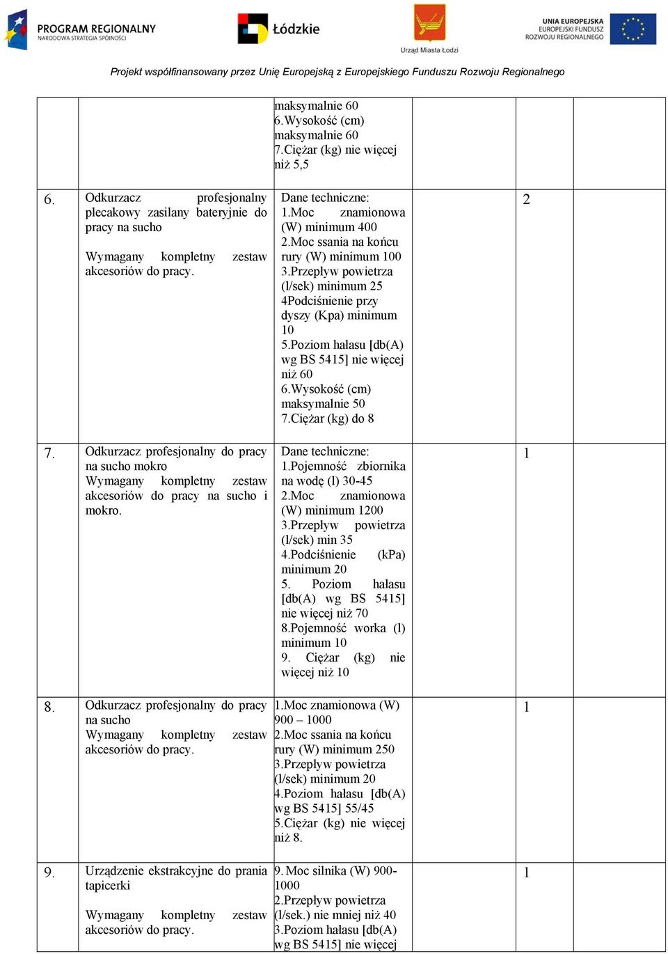 Przepływ powietrza (l/sek) minimum 25 4Podciśnienie przy dyszy (Kpa) minimum 0 5.Poziom hałasu [db(a) wg BS 545] nie więcej niż 60 6.Wysokość (cm) maksymalnie 50 7.Ciężar (kg) do 8.