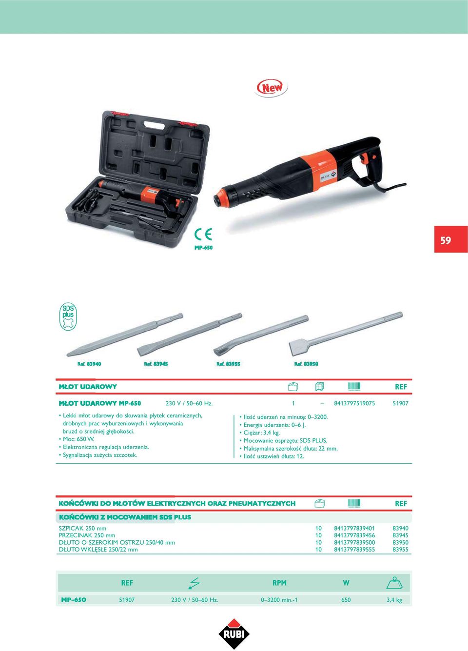 Elektroniczna regulacja uderzenia. Sygnalizacja zu ycia szczotek. IloÊç uderzeƒ na minut : 0 3200. Energia uderzenia: 0 6 J. Ci ar: 3,4 kg. Mocowanie osprz tu: SDS PLUS.