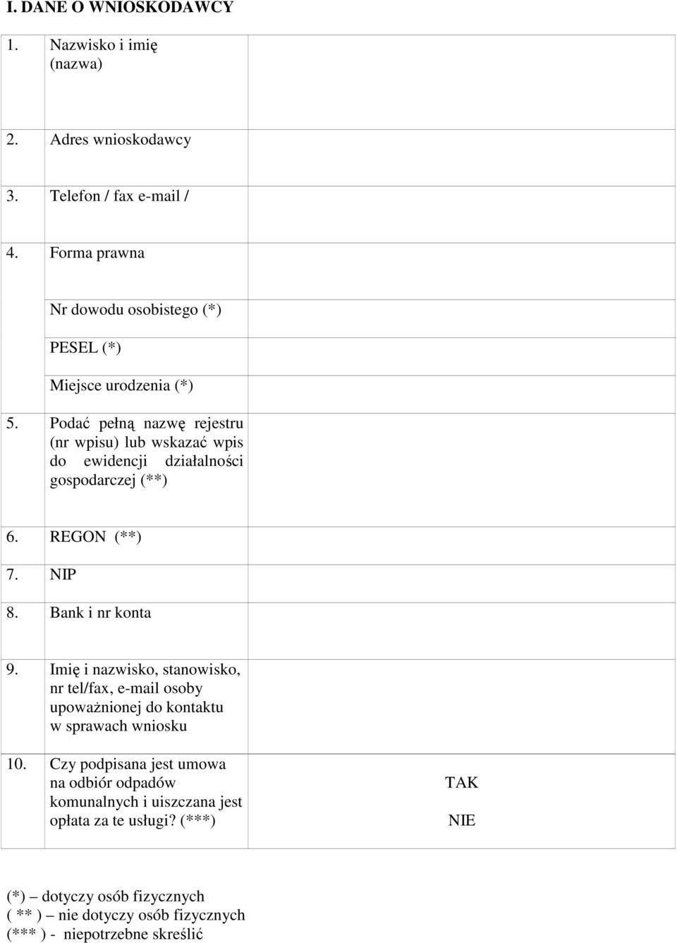 Podać pełną nazwę rejestru (nr wpisu) lub wskazać wpis do ewidencji działalności gospodarczej (**) 6. REGON (**) 7. NIP 8. Bank i nr konta 9.