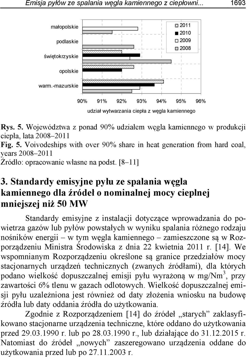 Województwa z ponad 90% udziałem węgla kamiennego w produkcji ciepła, lata 2008 2011 Fig. 5.