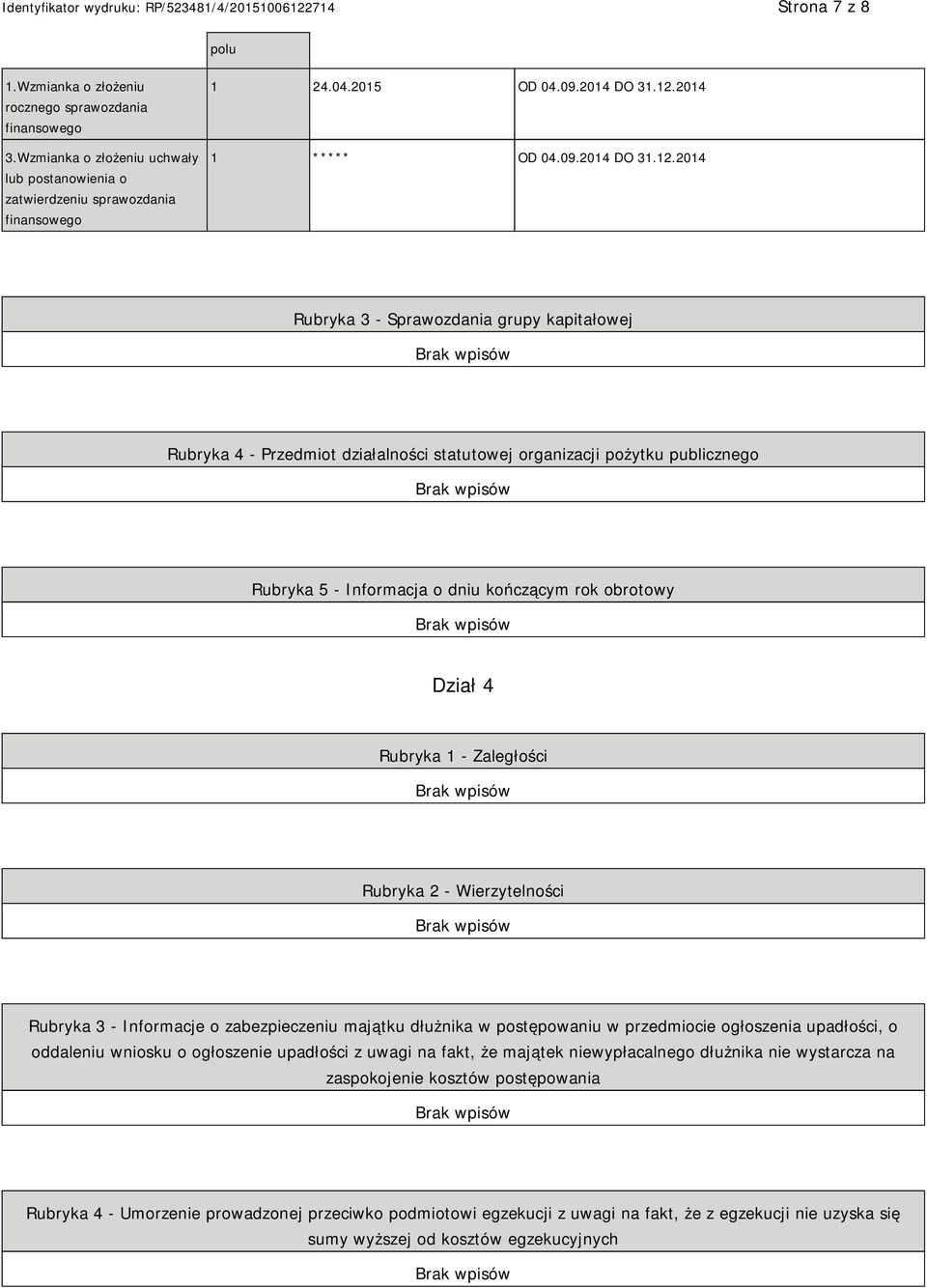 2014 Rubryka 3 - Sprawozdania grupy kapitałowej Rubryka 4 - Przedmiot działalności statutowej organizacji pożytku publicznego Rubryka 5 - Informacja o dniu kończącym rok obrotowy Dział 4 Rubryka 1 -