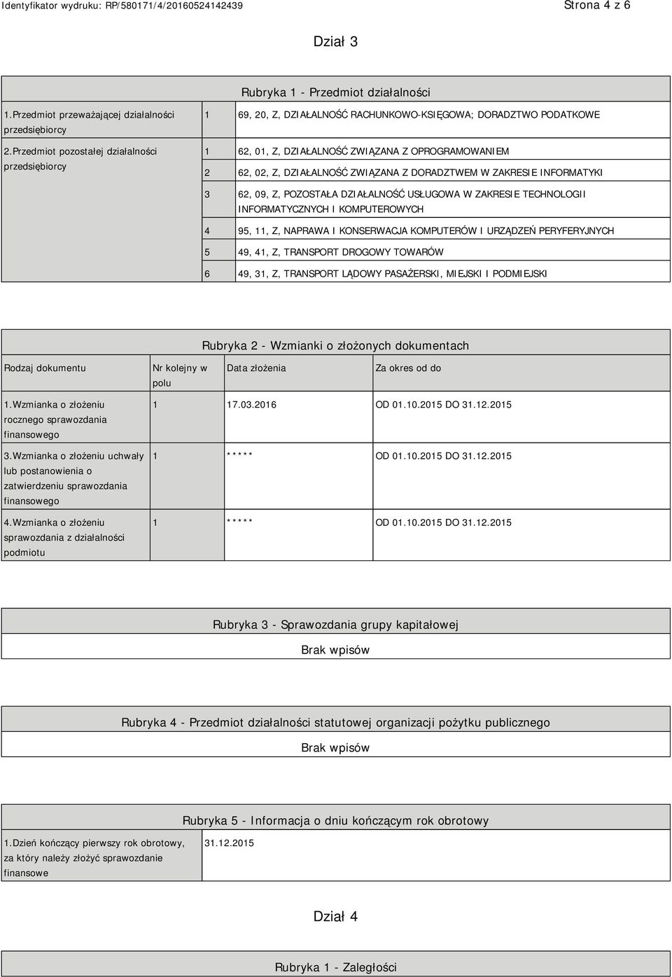 DORADZTWEM W ZAKRESIE INFORMATYKI 3 62, 09, Z, POZOSTAŁA DZIAŁALNOŚĆ USŁUGOWA W ZAKRESIE TECHNOLOGII INFORMATYCZNYCH I KOMPUTEROWYCH 4 95, 11, Z, NAPRAWA I KONSERWACJA KOMPUTERÓW I URZĄDZEŃ