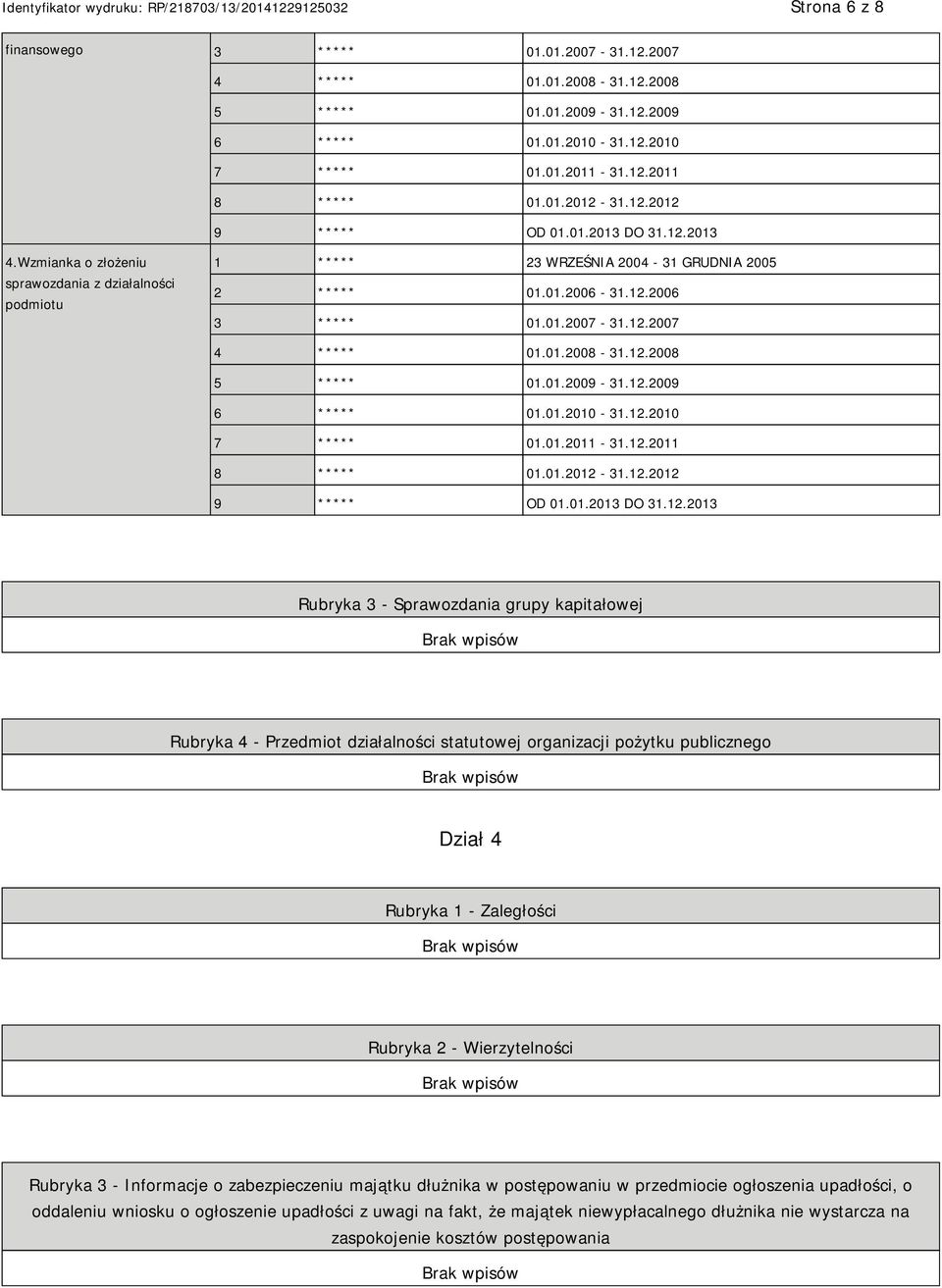12.2008 5 ***** 01.01.2009-31.12.2009 6 ***** 01.01.2010-31.12.2010 7 ***** 01.01.2011-31.12.2011 8 ***** 01.01.2012-31.12.2012 9 ***** OD 01.01.2013 DO 31.12.2013 Rubryka 3 - Sprawozdania grupy