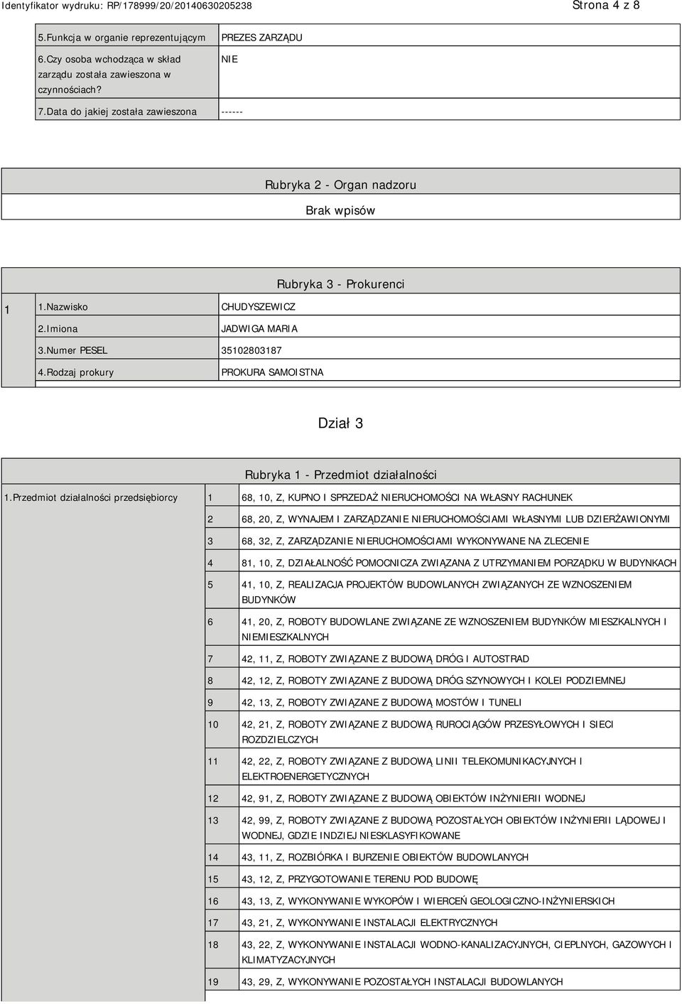 Rodzaj prokury PROKURA SAMOISTNA Dział 3 Rubryka 1 - Przedmiot działalności 1.