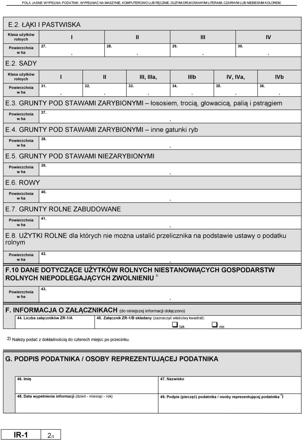 GRUNTY POD STAWAMI ZARYBIONYMI inne gatunki ryb 38. E.5. GRUNTY POD STAWAMI NIEZARYBIONYMI E.6. ROWY 39. 40. E.7. GRUNTY ROLNE ZABUDOWANE 41. E.8. UŻYTKI ROLNE dla których nie można ustalić przelicznika na podstawie ustawy o podatku rolnym 42.