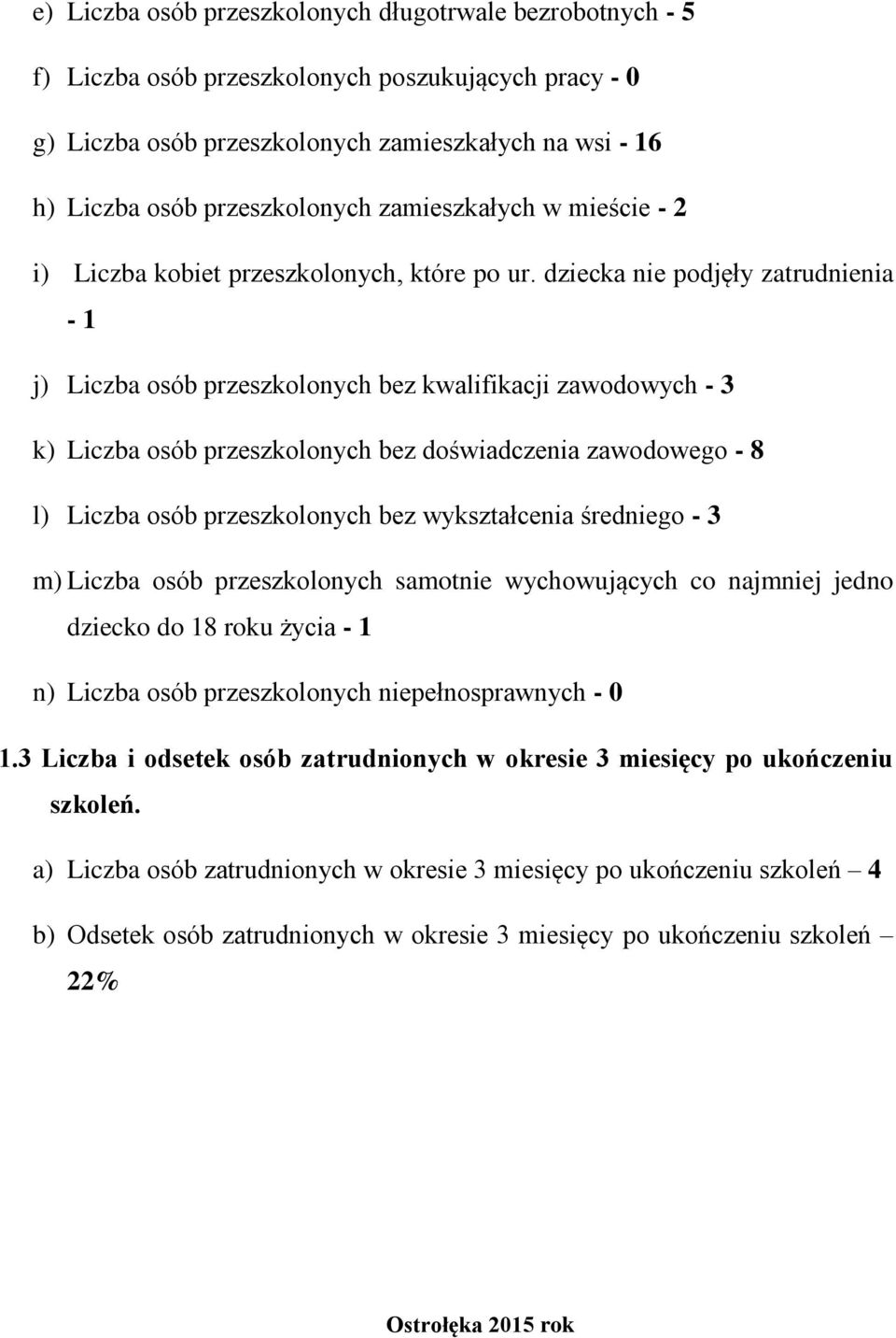 dziecka nie podjęły zatrudnienia - 1 j) Liczba osób przeszkolonych bez kwalifikacji zawodowych - 3 k) Liczba osób przeszkolonych bez doświadczenia zawodowego - 8 l) Liczba osób przeszkolonych bez