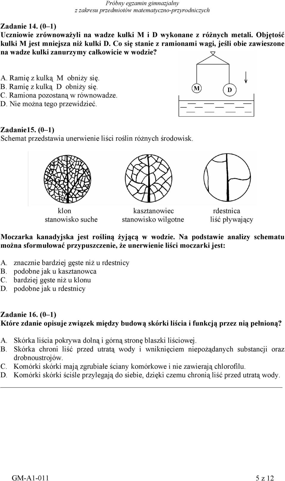 Zadanie15. (0 1) Schemat przedstawia unerwienie liści roślin różnych środowisk.