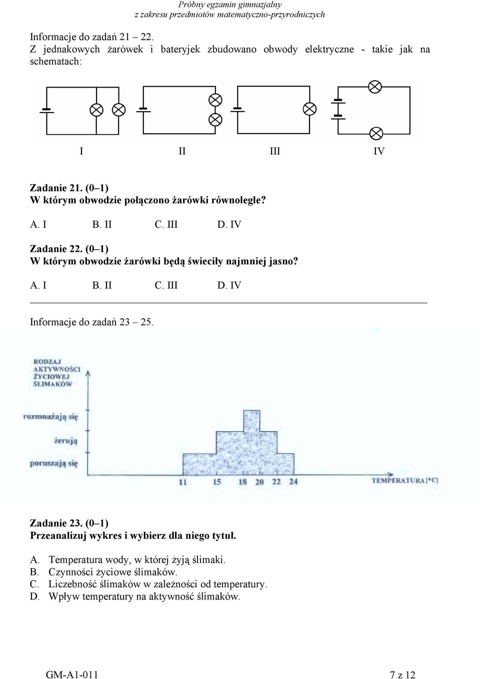 (0 1) W którym obwodzie żarówki będą świeciły najmniej jasno? A. I B. II C. III D. IV Informacje do zadań 23 25. Zadanie 23.