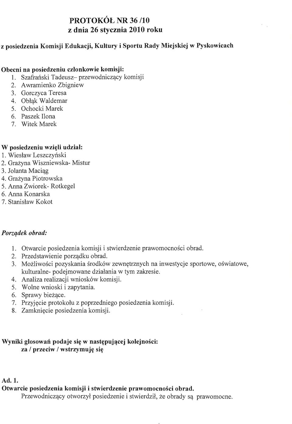 Wieslaw Leszczynski 2. Grazyna Wiszniewska- Mistur 3. lolanta Maciq.g 4. Grazyna Piotrowska 5. Anna Zwiorek- Rotkegel 6. Anna Konarska 7. Stanislaw Kokot Porzqdek obrad: 1.