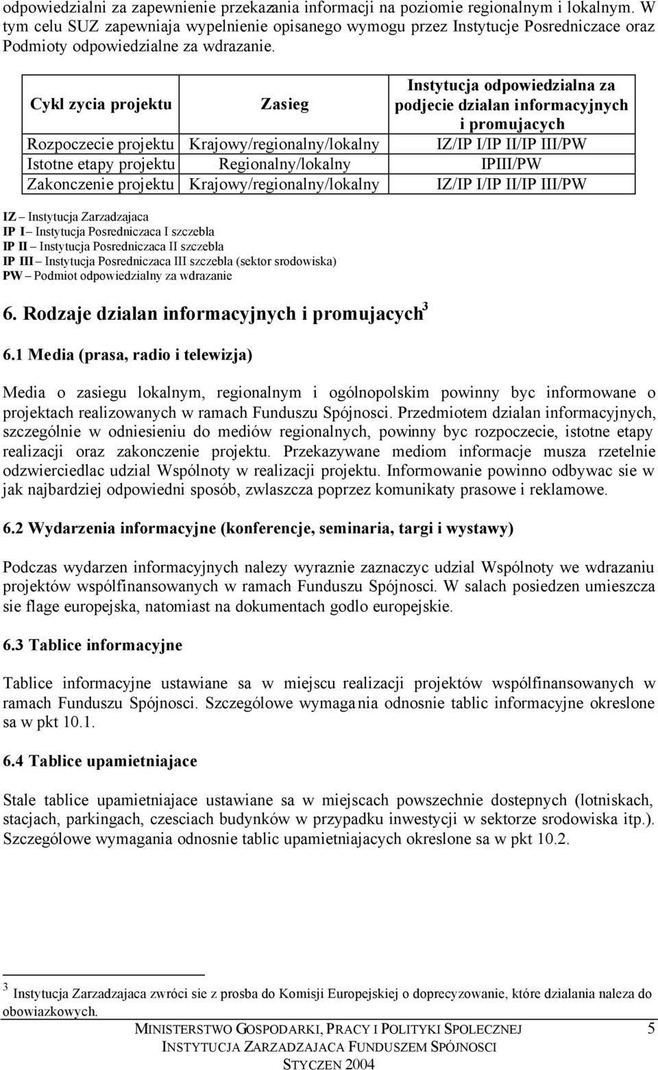 Cykl zycia projektu Zasieg Instytucja odpowiedzialna za podjecie dzialan informacyjnych i promujacych Rozpoczecie projektu Krajowy/regionalny/lokalny IZ/IP I/IP II/IP III/PW Istotne etapy projektu