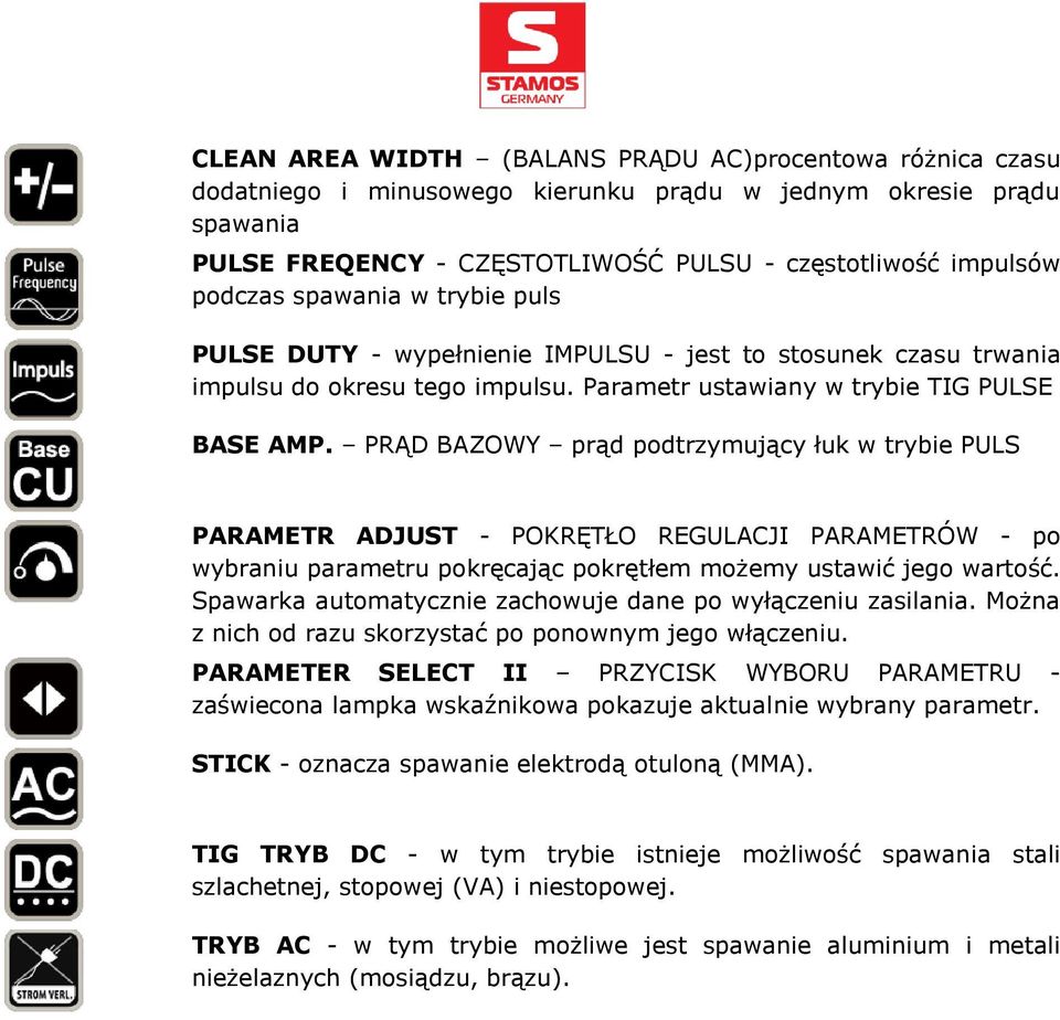 PRĄD BAZOWY prąd podtrzymujący łuk w trybie PULS PARAMETR ADJUST - POKRĘTŁO REGULACJI PARAMETRÓW - po wybraniu parametru pokręcając pokrętłem możemy ustawić jego wartość.