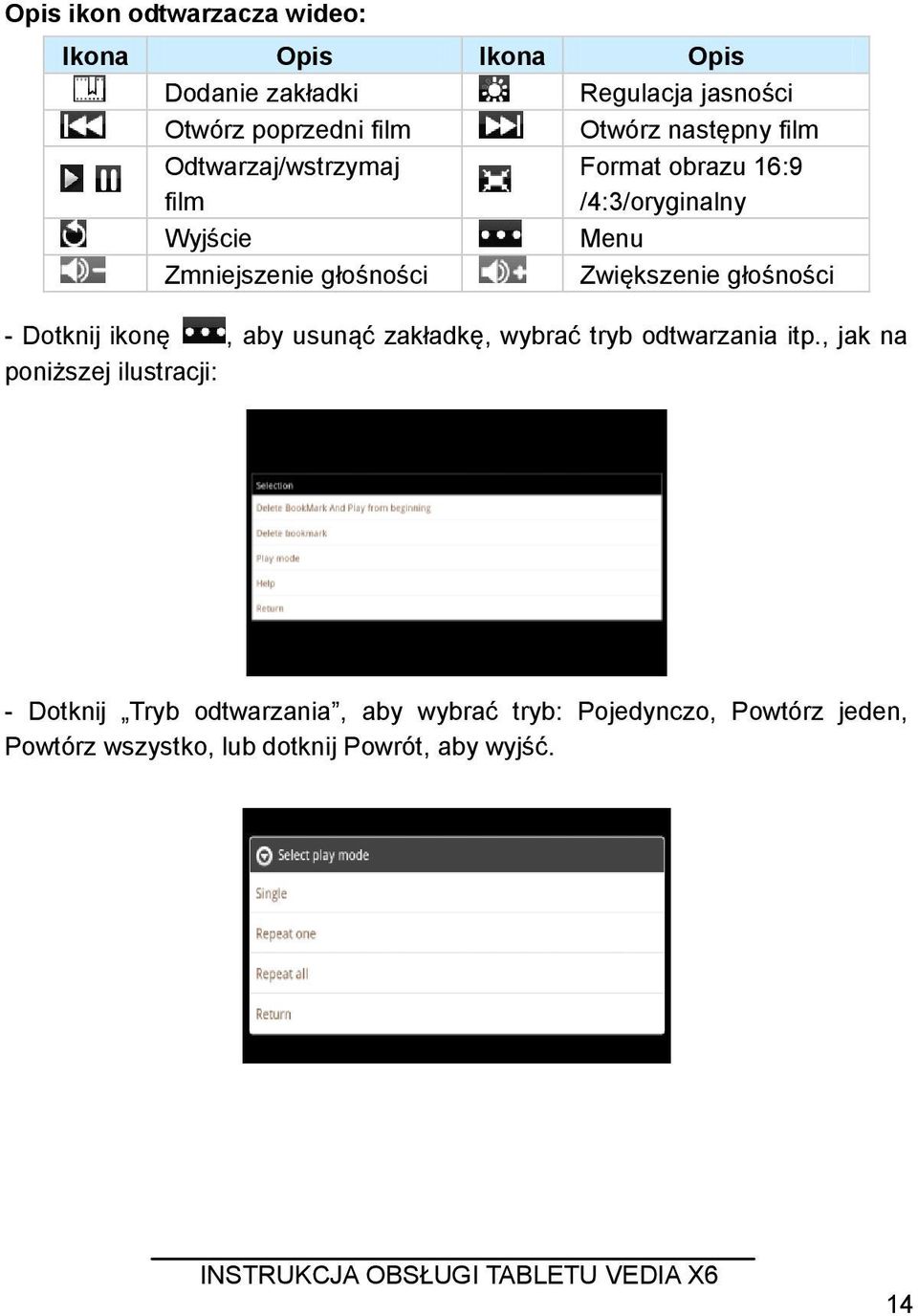 Zwiększenie głośności - Dotknij ikonę, aby usunąć zakładkę, wybrać tryb odtwarzania itp.