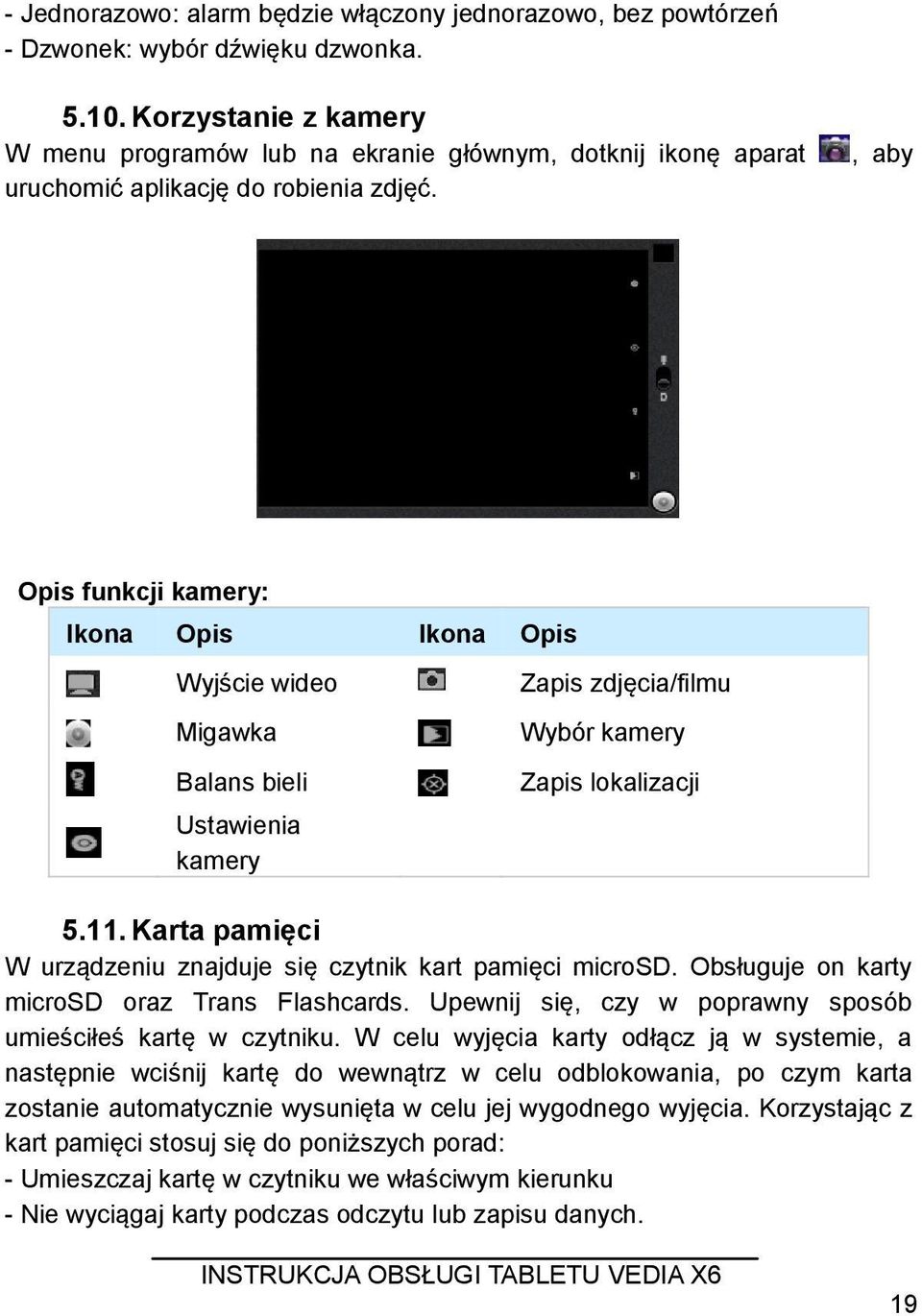 , aby Opis funkcji kamery: Ikona Opis Ikona Opis Wyjście wideo Migawka Balans bieli Ustawienia kamery Zapis zdjęcia/filmu Wybór kamery Zapis lokalizacji 5.11.