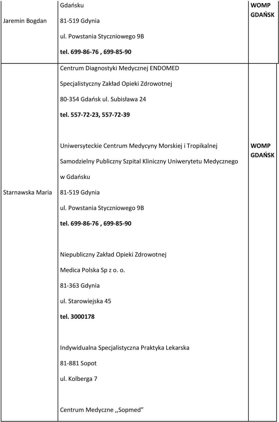 557 72 23, 557 72 39 Starnawska Maria Uniwersyteckie Centrum Medycyny Morskiej i Tropikalnej Samodzielny Publiczny Szpital Kliniczny Uniwerytetu Medycznego w