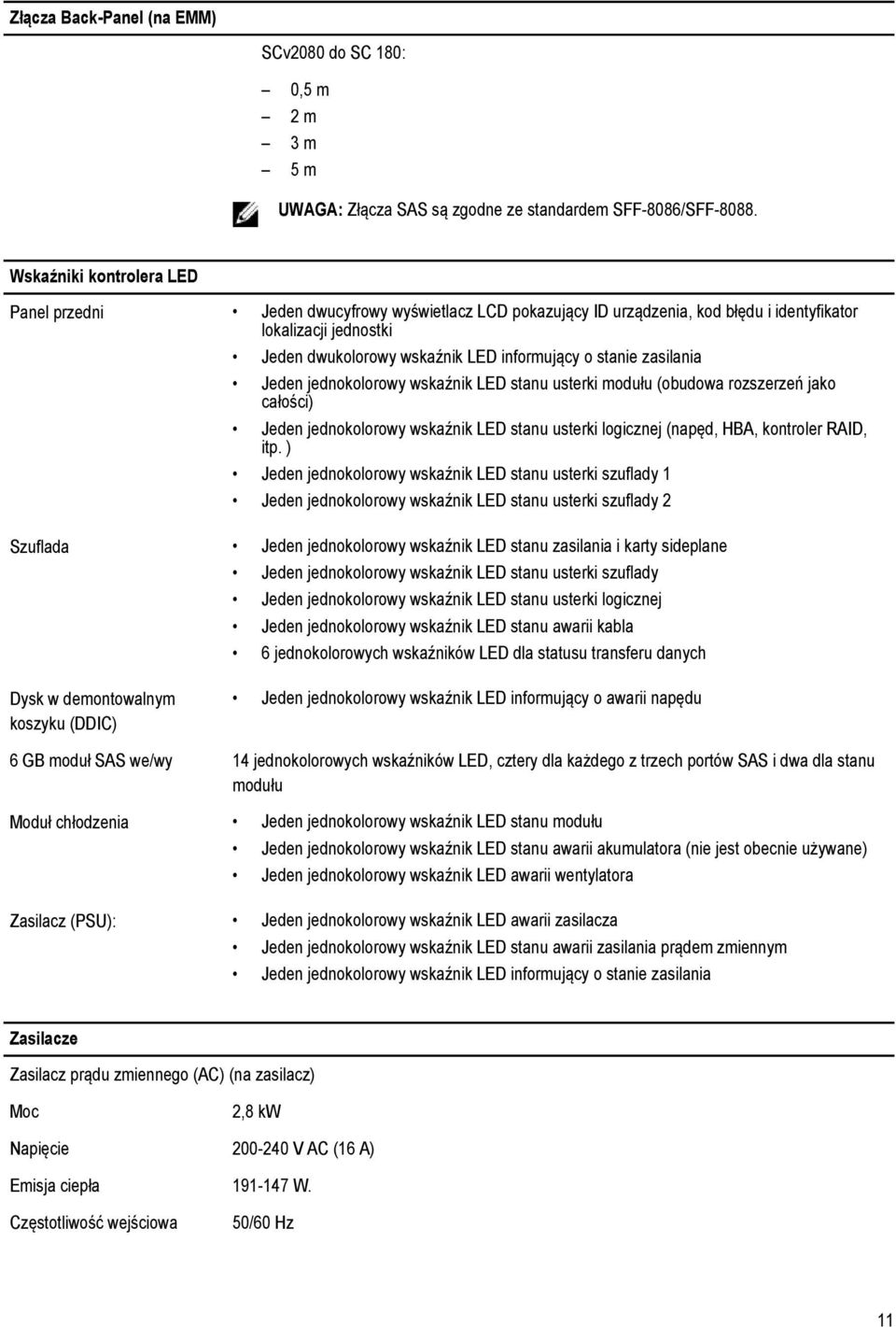 zasilania Jeden jednokolorowy wskaźnik LED stanu usterki modułu (obudowa rozszerzeń jako całości) Jeden jednokolorowy wskaźnik LED stanu usterki logicznej (napęd, HBA, kontroler RAID, itp.