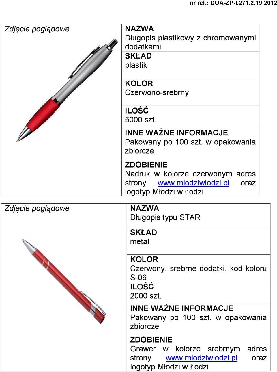 pl oraz logotyp Młodzi w Łodzi Długopis typu STAR SKŁAD metal Czerwony, srebrne dodatki, kod koloru S-06