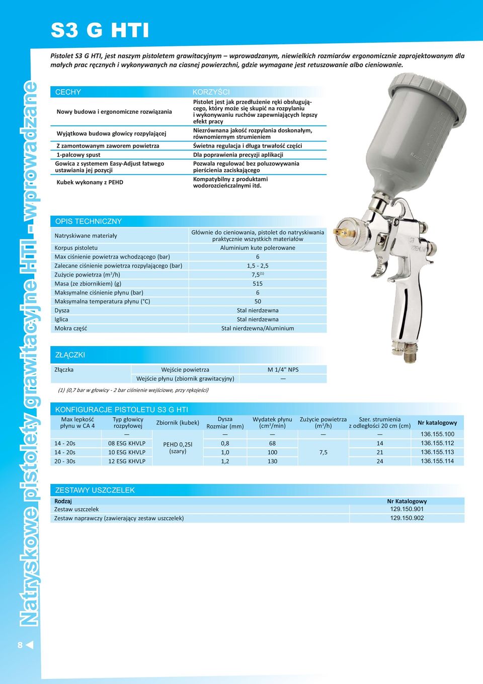 Natryskowe pistolety grawitacyjne HTI - wprowadzane CECHY Nowy budowa i ergonomiczne rozwi zania Wyj tkowa budowa g owicy rozpylaj cej Z zamontowanym zaworem 1-palcowy spust Gowica z systemem