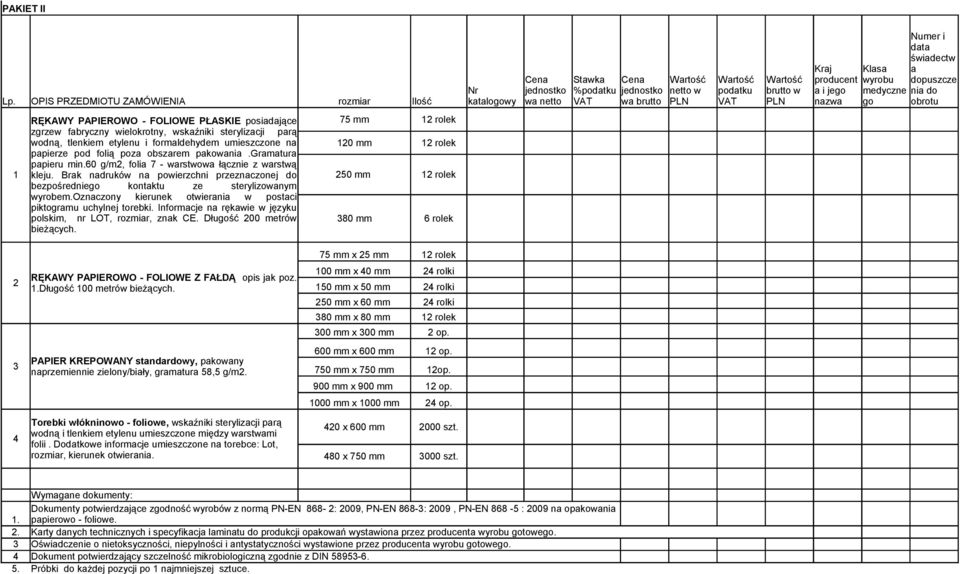 a i jego nazwa Klasa wyrobu medyczne go Numer i data świadectw a dopuszcze nia do obrotu 1 RĘKAWY PAPIEROWO - FOLIOWE PŁASKIE posiadające zgrzew fabryczny wielokrotny, wskaźniki sterylizacji parą