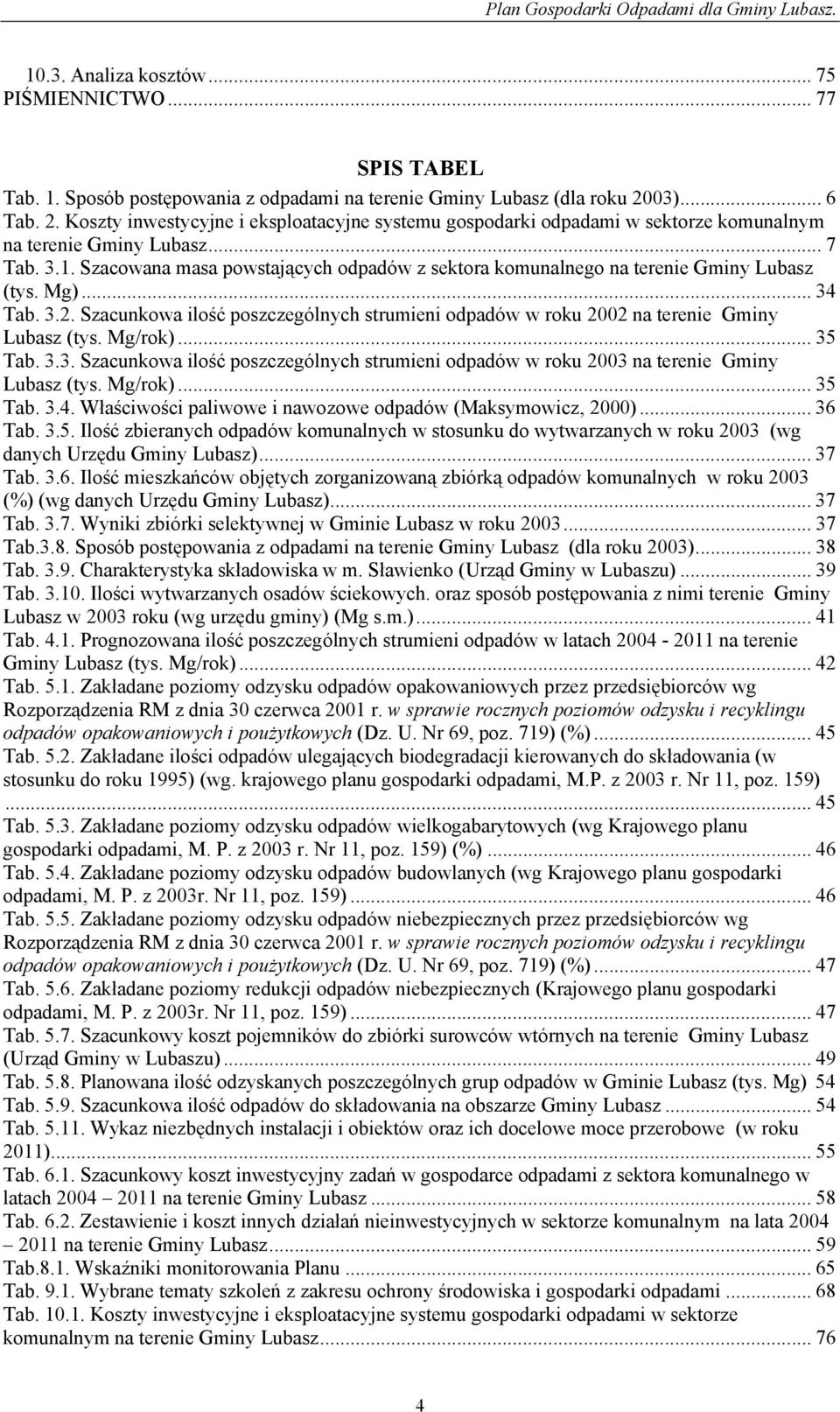 Szacowana masa powstających odpadów z sektora komunalnego na terenie Gminy Lubasz (tys. Mg)... 34 Tab. 3.2. Szacunkowa ilość poszczególnych strumieni odpadów w roku 2002 na terenie Gminy Lubasz (tys.