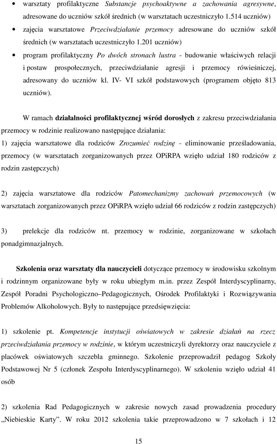 201 uczniów) program profilaktyczny Po dwóch stronach lustra - budowanie właściwych relacji i postaw prospołecznych, przeciwdziałanie agresji i przemocy rówieśniczej, adresowany do uczniów kl.