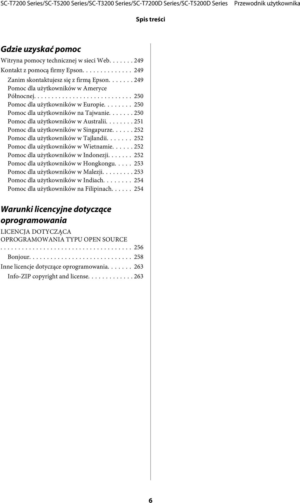 .. 252 Pomoc dla użytkowników w Tajlandii... 252 Pomoc dla użytkowników w Wietnamie... 252 Pomoc dla użytkowników w Indonezji... 252 Pomoc dla użytkowników w Hongkongu.