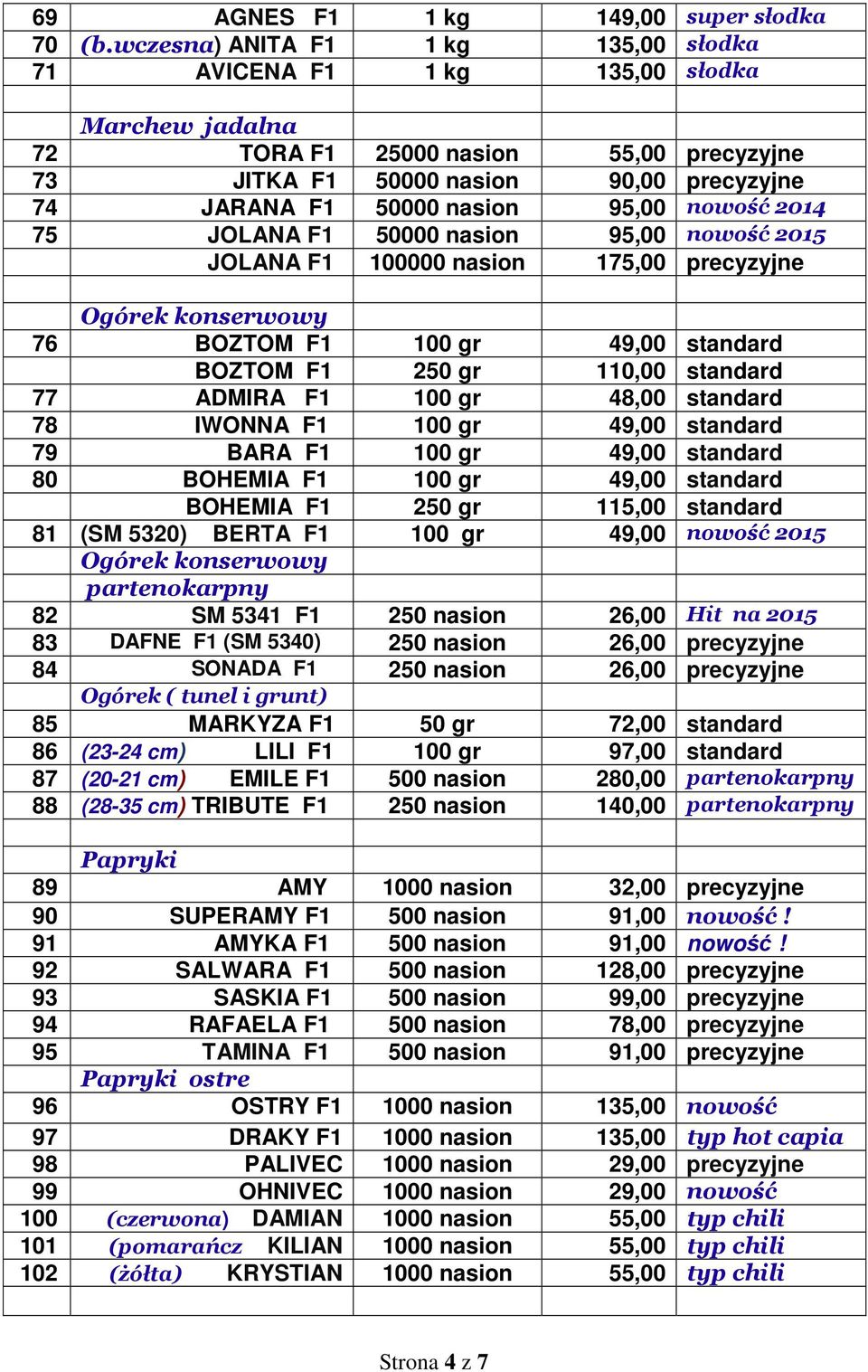 95,00 nowość 2014 75 JOLANA F1 50000 nasion 95,00 nowość 2015 JOLANA F1 100000 nasion 175,00 precyzyjne Ogórek konserwowy 76 BOZTOM F1 100 gr 49,00 standard BOZTOM F1 250 gr 110,00 standard 77 ADMIRA