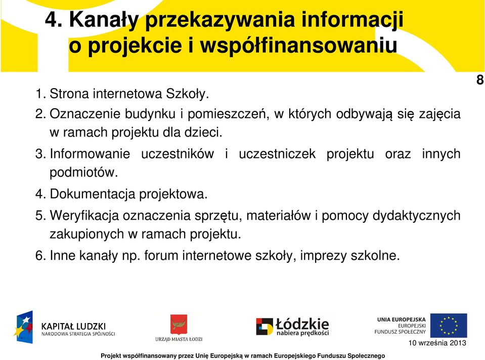 Informowanie uczestników i uczestniczek projektu oraz innych podmiotów. 4. Dokumentacja projektowa. 5.