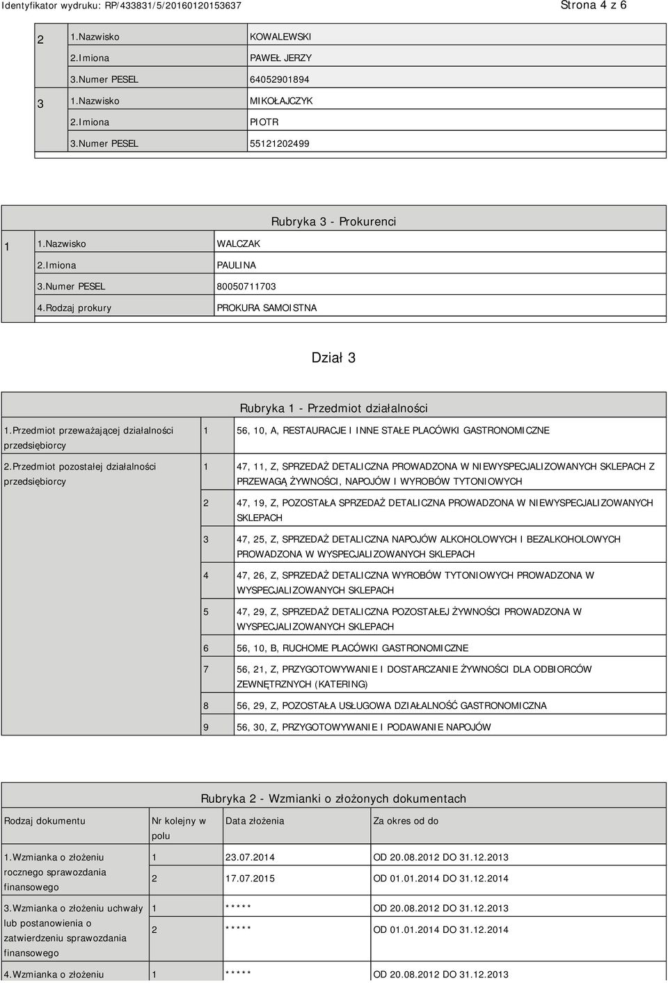 Przedmiot pozostałej działalności przedsiębiorcy 1 56, 10, A, RESTAURACJE I INNE STAŁE PLACÓWKI GASTRONOMICZNE 1 47, 11, Z, SPRZEDAŻ DETALICZNA PROWADZONA W WYSPECJALIZOWANYCH SKLEPACH Z PRZEWAGĄ