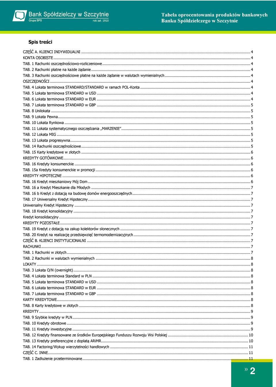 .. 5 TAB. 8 Unilokata... 5 TAB. 9 Lokata Pewna... 5 TAB. 10 Lokata Rynkowa... 5 TAB. 11 Lokata systematycznego oszczędzania MARZENIE... 5 TAB. 12 Lokata MIG... 5 TAB. 13 Lokata progresywna... 5 TAB. 14 Rachunki oszczędnościowe.